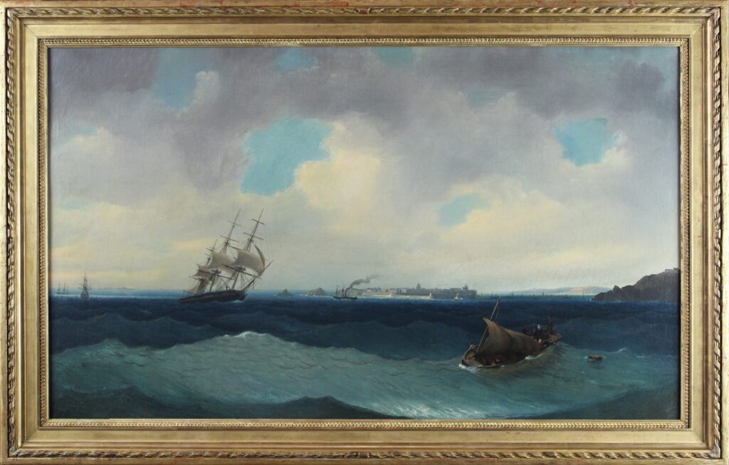 Vue de Saint Malo, marine animée prise de Dinard Ambroise louis Garneray peinture huile sur toile XIXe siècle tableau ancien navire bâteau